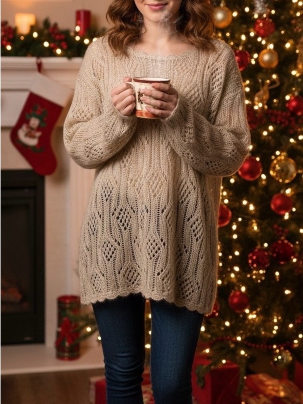 Cozy Open-Knit Tunic Sweater in Beige